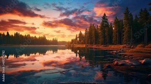Sunset illuminating a tranquil forest clearing with a mirrored lake reflecting the vibrant colors of the sky