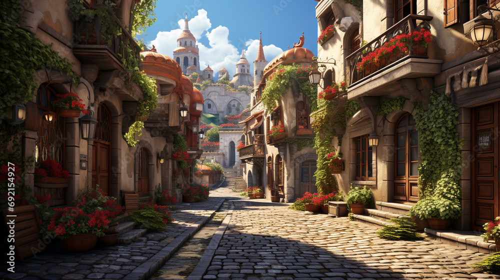 Old town blending elements of adventure, culture, and charm of ancient streets, AI Generated