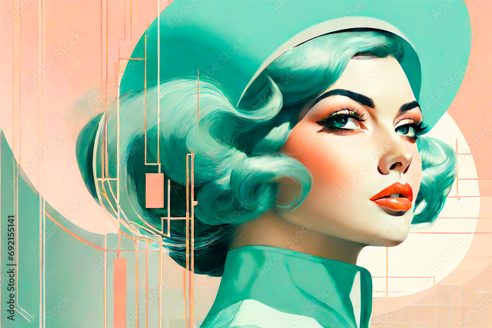 Vector illustration in velvety peach tones. Portrait of futuristic fashion woman in the retro futurism style. Trending color concept of the year 2024 Peach Fuzz. - obrazy, fototapety, plakaty 