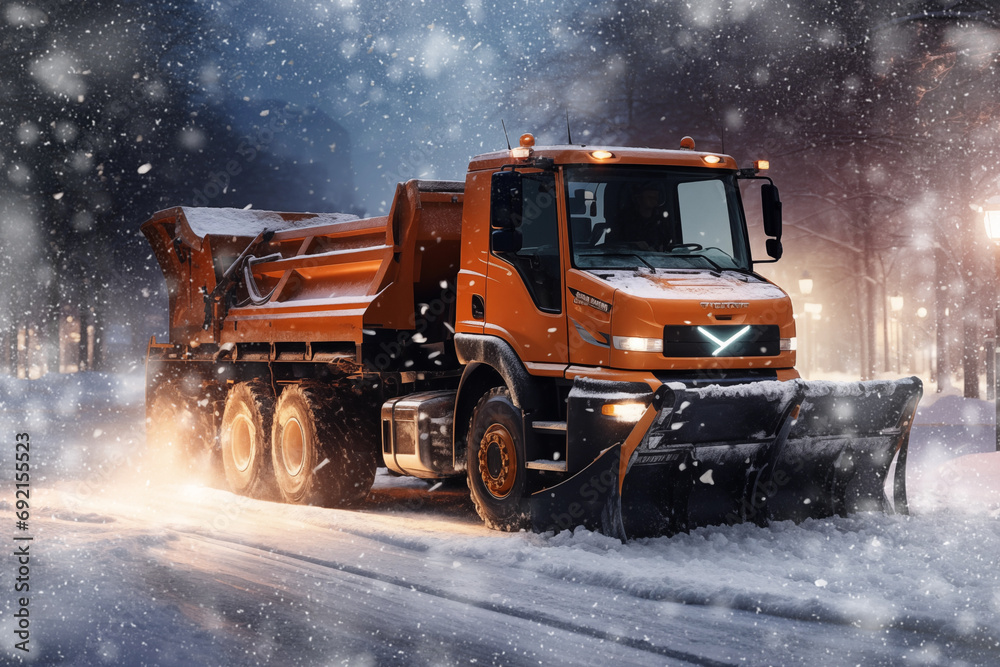 An orange snowplow drives down city streets clearing them. Heavy