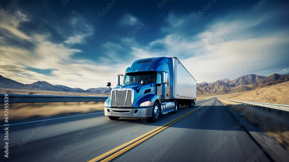 Blue Semi Truck on Highway with Scenic Mountain View