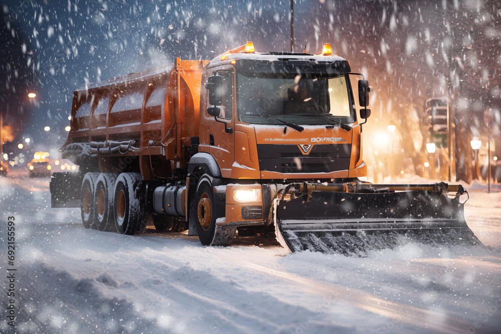 An orange snowplow drives down city streets clearing them. Heavy snowfall with poor visibility. Emergency city service in winter. Snow storm, cyclone. Snow debris on the roads.