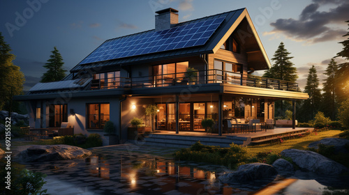 House with landscaped surroundings focusing on efficiency and aesthetics of rooftop solar panels, AI Generated