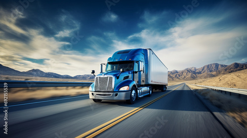 Blue Semi Truck on Highway with Scenic Mountain View