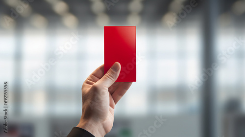 Hand Holding Red Card Against Blurred Background photo