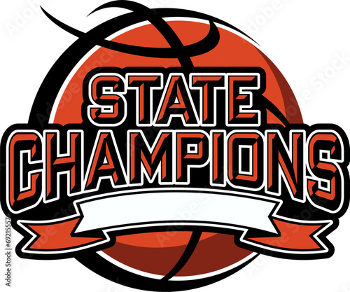 state champions in basketball team design with ball and banner for school, college or league sports