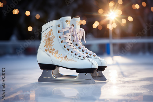 White women's figure skates with beautiful gold embroidery close-up on ice rink against sunset background. Winter sports and entertainment.