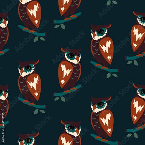 Vector seamless pattern with graphic owls. Cartoon stylish bird forest character. Dark blue background. photo