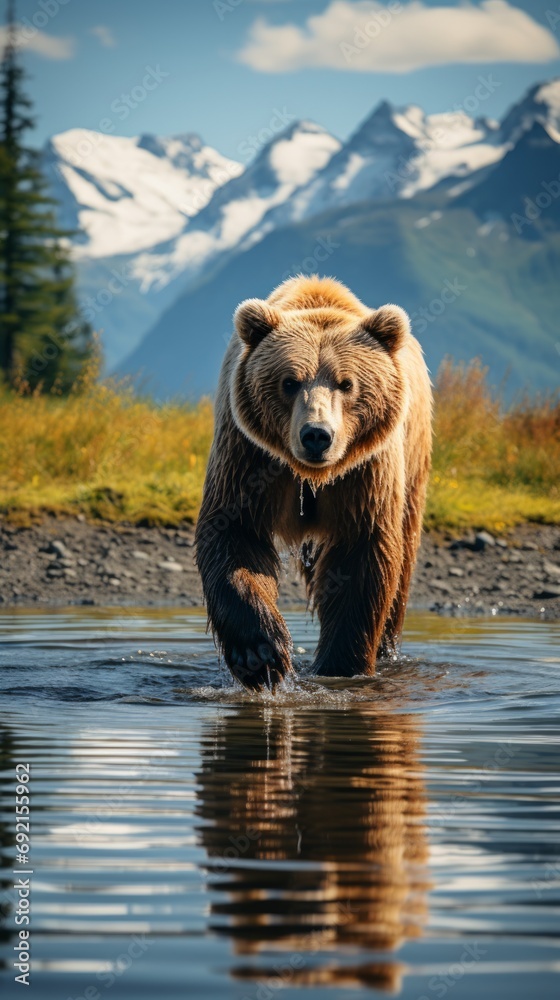 A brown bear wanders along a mountain river against the backdrop of a breathtaking landscape with snow-capped mountain peaks. Concept: a dangerous animal searching for food in the wild near a pond A brown bear wanders along a mountain river against the backdrop of a breathtaking landscape with snow-capped mountain peaks. Concept: a dangerous animal searching for food in the wild near a pond