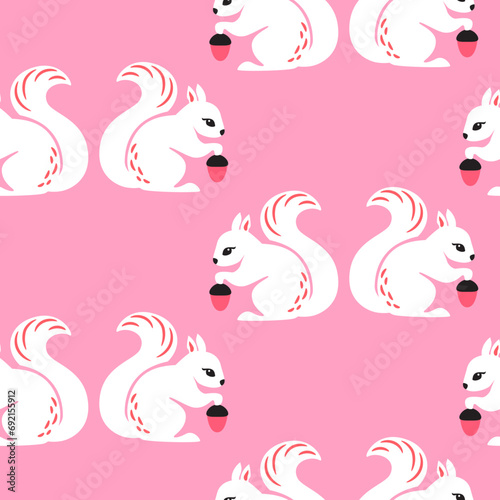 Cute squirrel with acorns seamless pattern pink background print. Vector geometric illustration for kids or home decor. Surface pattern design.