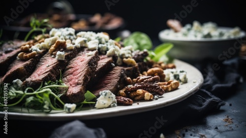 Close-up of a grass-fed steak salad with leafy greens, feta cheese, and nuts, keto dressing on the side