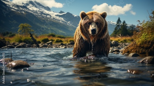 A brown bear wanders along a mountain river against the backdrop of a breathtaking landscape with snow-capped mountain peaks. Concept: a dangerous animal searching for food in the wild near a pond
