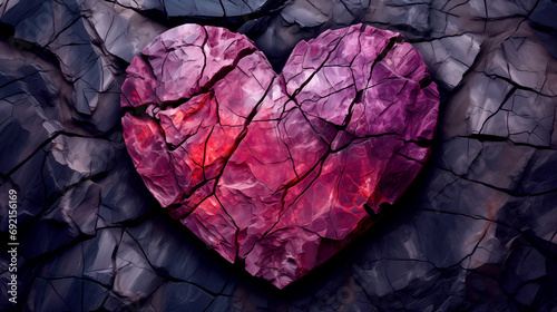 Heart made of stone carved in vibrant dark pink and purple color on dark rock background ,textured patterns with cracks photo