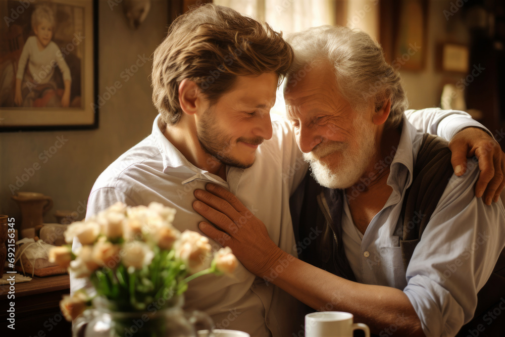 Adult son fun hugging old senior father grandfather. Men happy in father's day with love of family Adult son fun hugging old senior father grandfather. Men happy in father's day with love of family