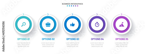 Timeline infographic with infochart. Modern presentation template with 5 spets for business process. Website template on white background for concept modern design. Horizontal layout.