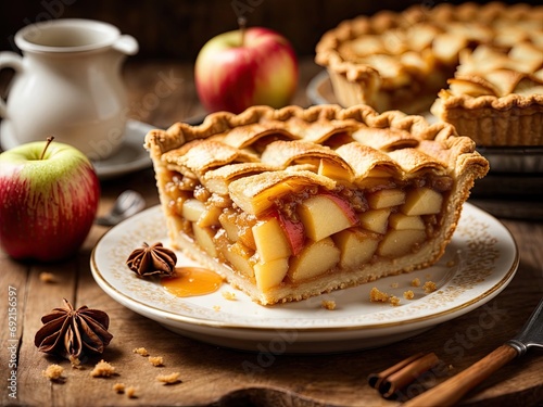 Homemade apple pie tart on gold wooden background, apple pie with cinnamon sticks, apple pie with cinnamon and nuts, apple pie with apples and cinnamon on a plate, apple pie with raisins photo