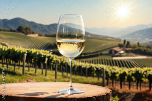 Wine glass with white wine and vineyard landscape in sunny day. Winemaking concept