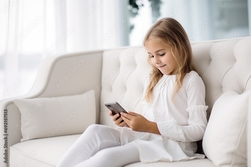 Little girl playing game on tablet and sitting on sofa Little girl playing game on tablet and sitting on sofa
