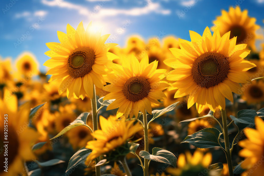 Obraz premium A gentle breeze wafting through a sunflower field, carrying the sweet aroma of vibrant yellow blooms. Concept of floral abundance. Generative Ai.