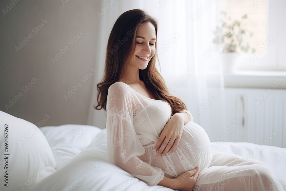 Young beautiful pregnant woman sitting on bed Young beautiful pregnant woman sitting on bed