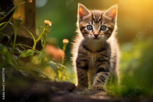 cat on the grass. Portrait of a charming kitten. Kitten in autumn. Autumn kitten portrait. Cute kitten in autumn nature