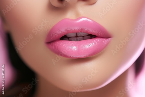 Young woman applying pink lipstick on lips  closeup