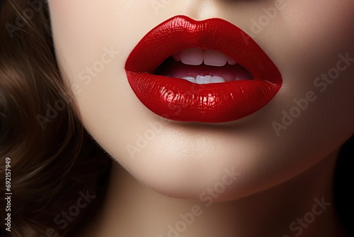 Young woman applying red lipstick on lips, closeup