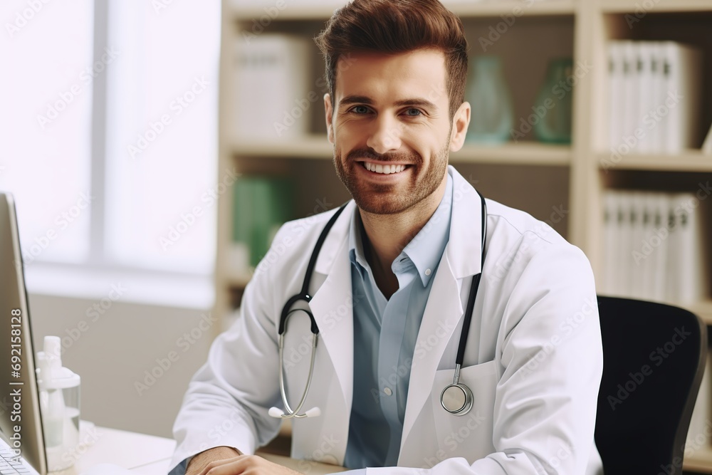 Portrait of young doctor man sitting in cabinet Portrait of young doctor man sitting in cabinet