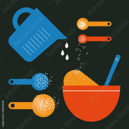 Cooking and baking ingredients collection. Baking tools and process of making dough, pastries. Flat vector illustration. Preparation food concept. Cooking cup, measuring spoons. Trendy abstract style.