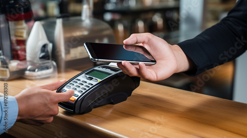 man paying with credit card at restaurant, closeup. photo