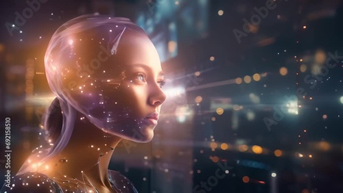 AI, Machine learning, Powerful woman of robot and human touching big data of Global network connection, Internet and digital technology, Science and artificial intelligence digital technologies of fut photo