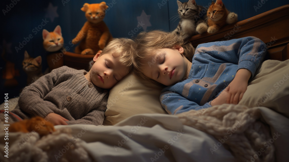 little boy sleeping in bed in bedroom with toy bear