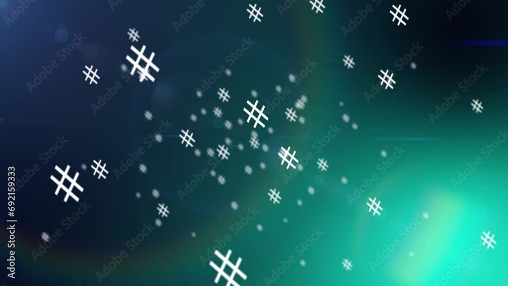  many hashtags spin and fly in a modern background where light shines into the camera and creates an optical flare video effect. Social media symbol for better searching your content on the internet