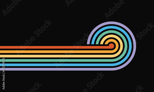 Abstract vintage striped background in concept of vintage 70s style. Horizontal sunsets retro psychedelic color banner, flyer. Hippie striped posters. Groovy symbols in rainbow colors. Vector