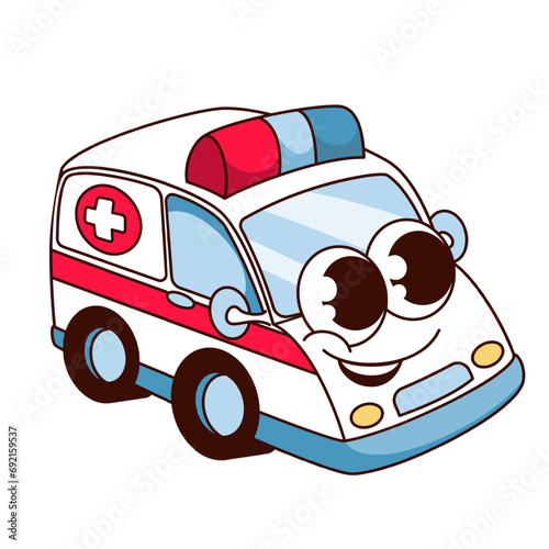 Groovy ambulance cartoon mascot with siren. Funny vehicle with happy face for paramedic doctors, medical first aid and emergency support mascot and cartoon sticker of 70s 80s vector illustration