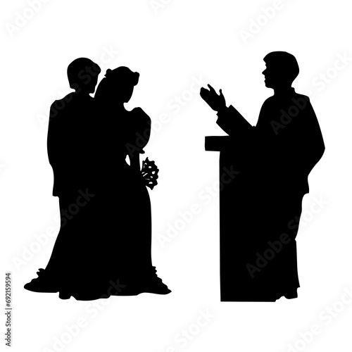 couples and priest standing at the altar on a weddimg day photo