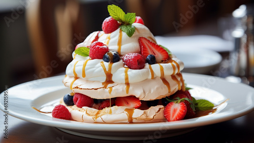 delicious pavlova dessert with fresh berries and whipped cream