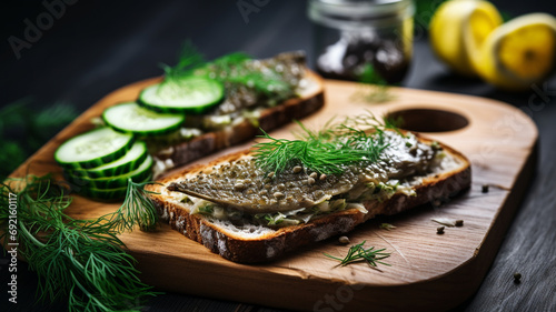 sandwiches with cucumber, cucumber, dill and herbs. on a gray background. top view.