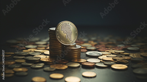 Creative and engaging photo of growing stack of coins beside it, Finance and economy on world, AI Generated photo