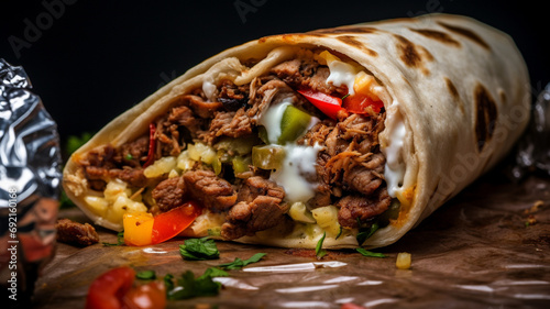 shawarar, gyros, gyash, shawarma, kebab, gyros, pita with chicken, meat, vegetables and pita