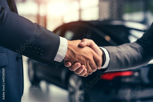 Car dealer and new owner shaking hands in a dealership center. Automobile industry car trade concept photo