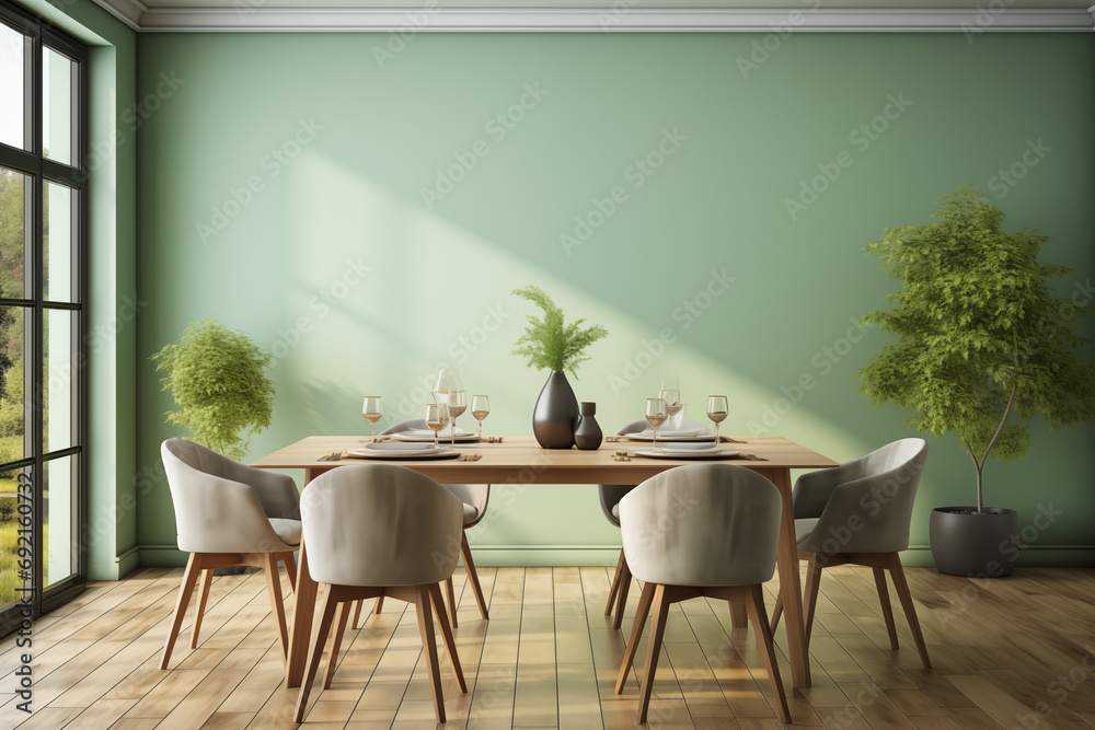 Sofa and chairs near wooden table against window. Scandinavian style interior, AI generate Sofa and chairs near wooden table against window. Scandinavian style interior, AI generate