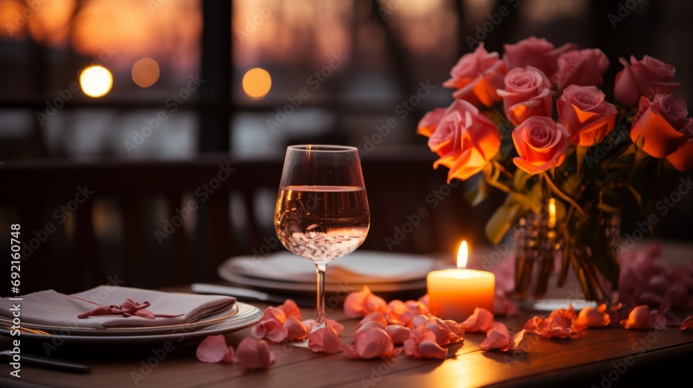 Table setting for Valentine's Day. Festive atmosphere with a bouquet of roses and candle lights. Romantic atmosphere in the cafe