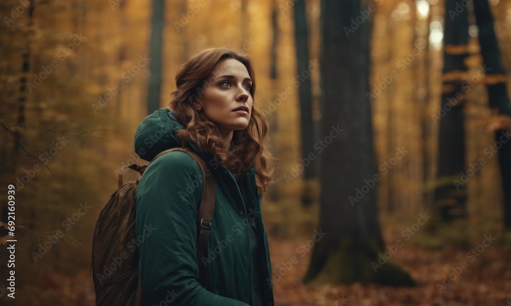 Scared caucasian young adult man hiker lost in forest at autumn day, looking for a direction while exploring a national park, dark scene, suspense