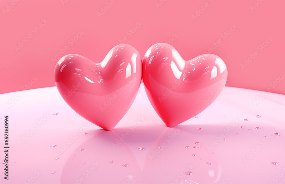 Two pink hearts on pastel background. Valentine's day love mother's day concept. Template with copy space