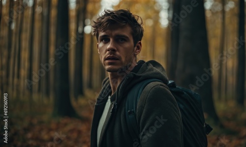 Scared caucasian young adult man hiker lost in forest at autumn day, looking for a direction while exploring a national park, dark scene, suspense