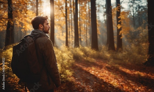Scared caucasian young adult man hiker lost in forest at autumn day, looking for a direction while exploring a national park, dark scene, suspense