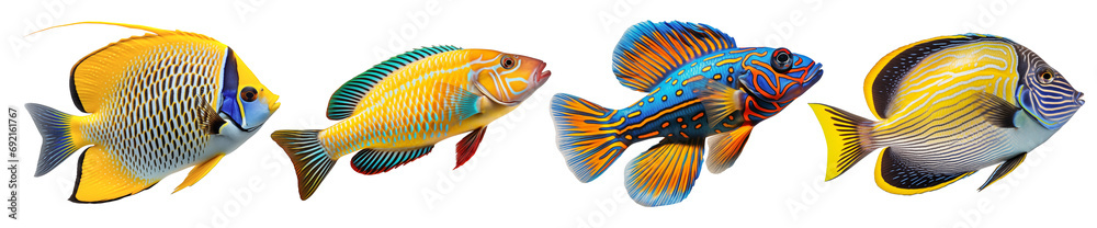 Multi Background Fish Multicolored aquarium fishes on a transparent background, side view ...