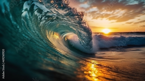 Colorful and Vibrant Surf Barrel Illuminated by the Sunset, Dance of the Waves in a Sparkling Sea...Glowing Sunset, Vivid Surf Barrel in an Ocean of Changing Waves. © oraziopuccio