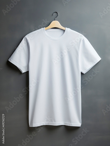 White t-shirt on a hanger on a gray background.